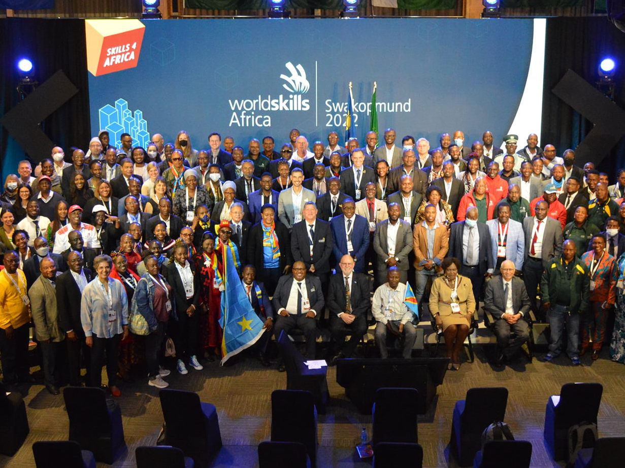 Group photograph of African policymakers, members from international organisations, Partners, WorldSkills Experts, and Champions from the Closing Ceremony at WorldSkills Africa Swakopmund 2022.