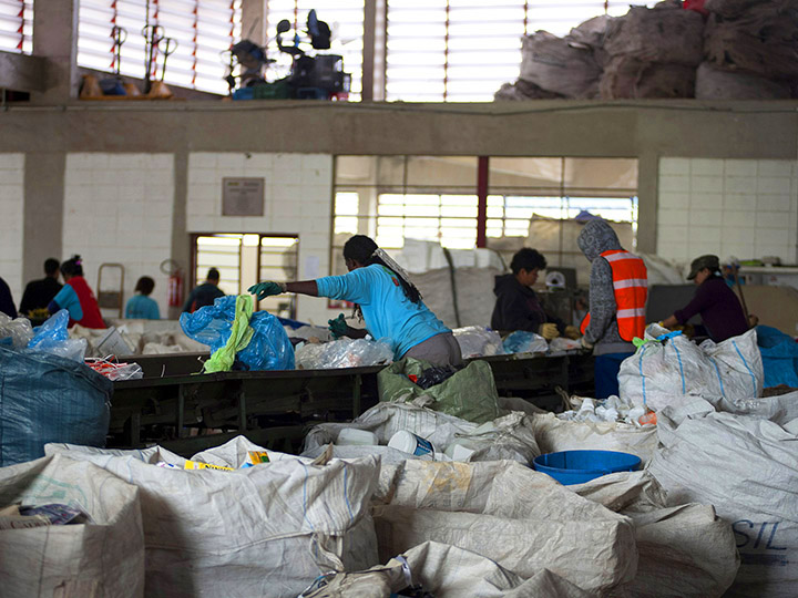图片来自Instituto s.o.s -工人们在回收中心整理可回收的垃圾
