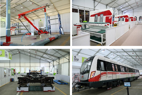 显示Jiean Hi-Tech的设备和服务的四个图像拼贴画包括轨道交通训练和维护系统。